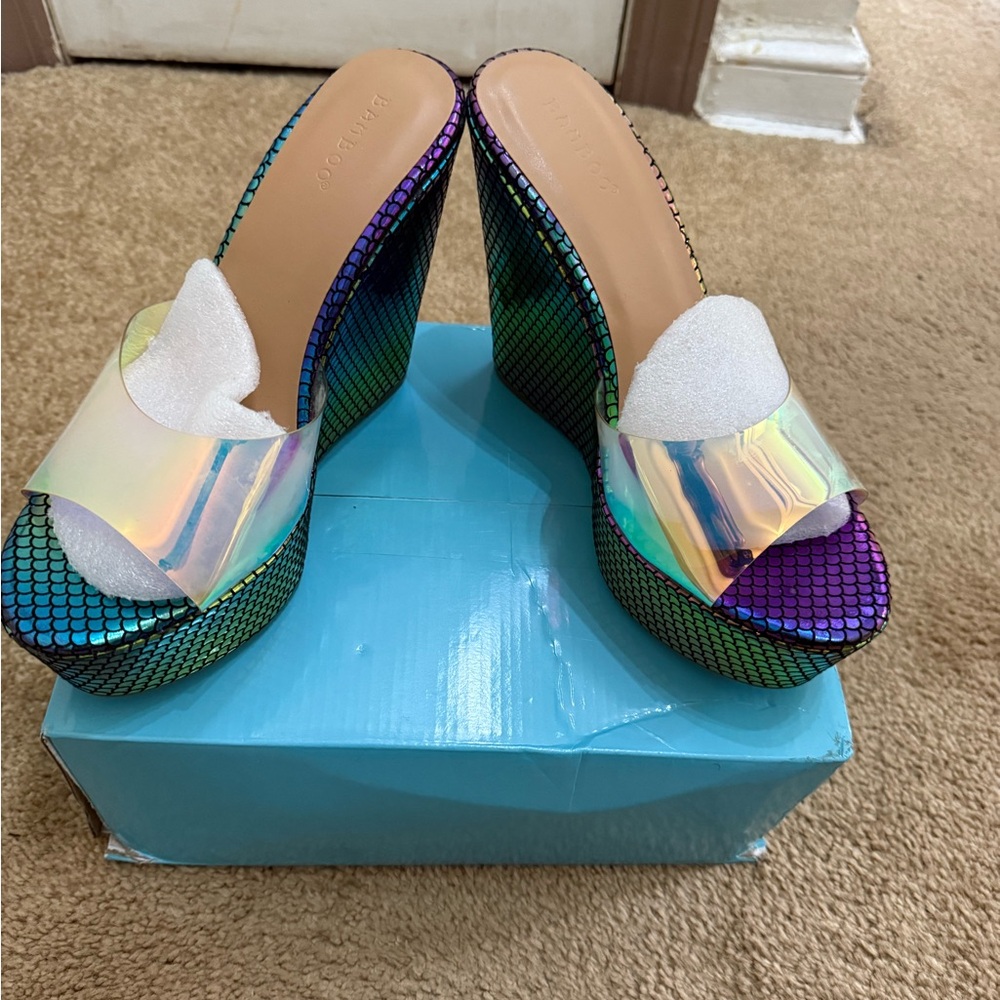 BAMBOO Iridescent Multi-Color Platform Slide Heels